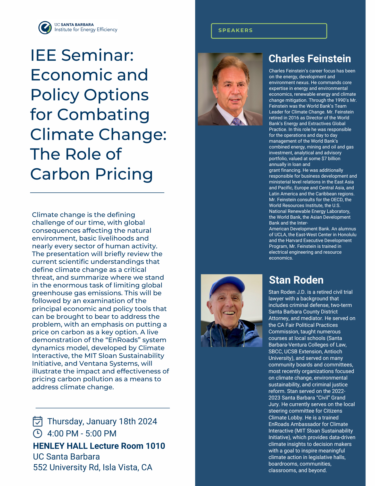 Photo of the flyer for the Chas and Stan Carbon Pricing Seminar